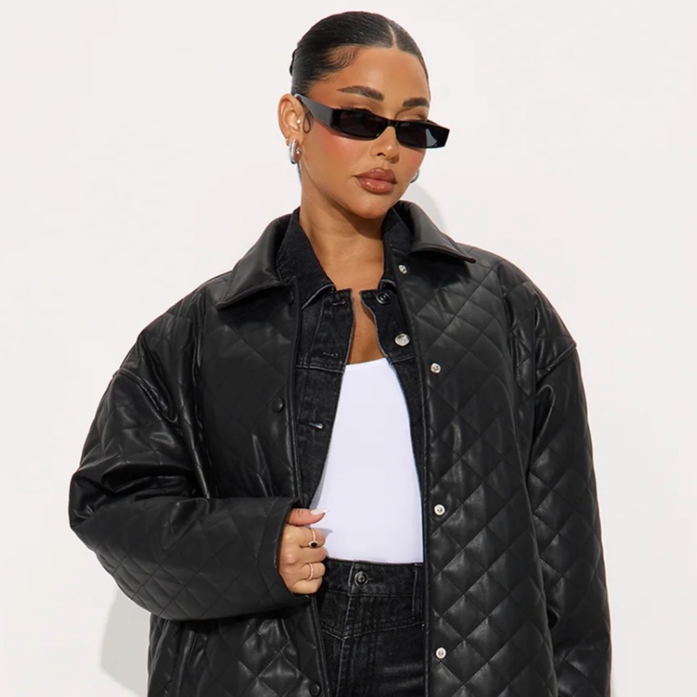 New Black Quilted oversized leather Long Coat